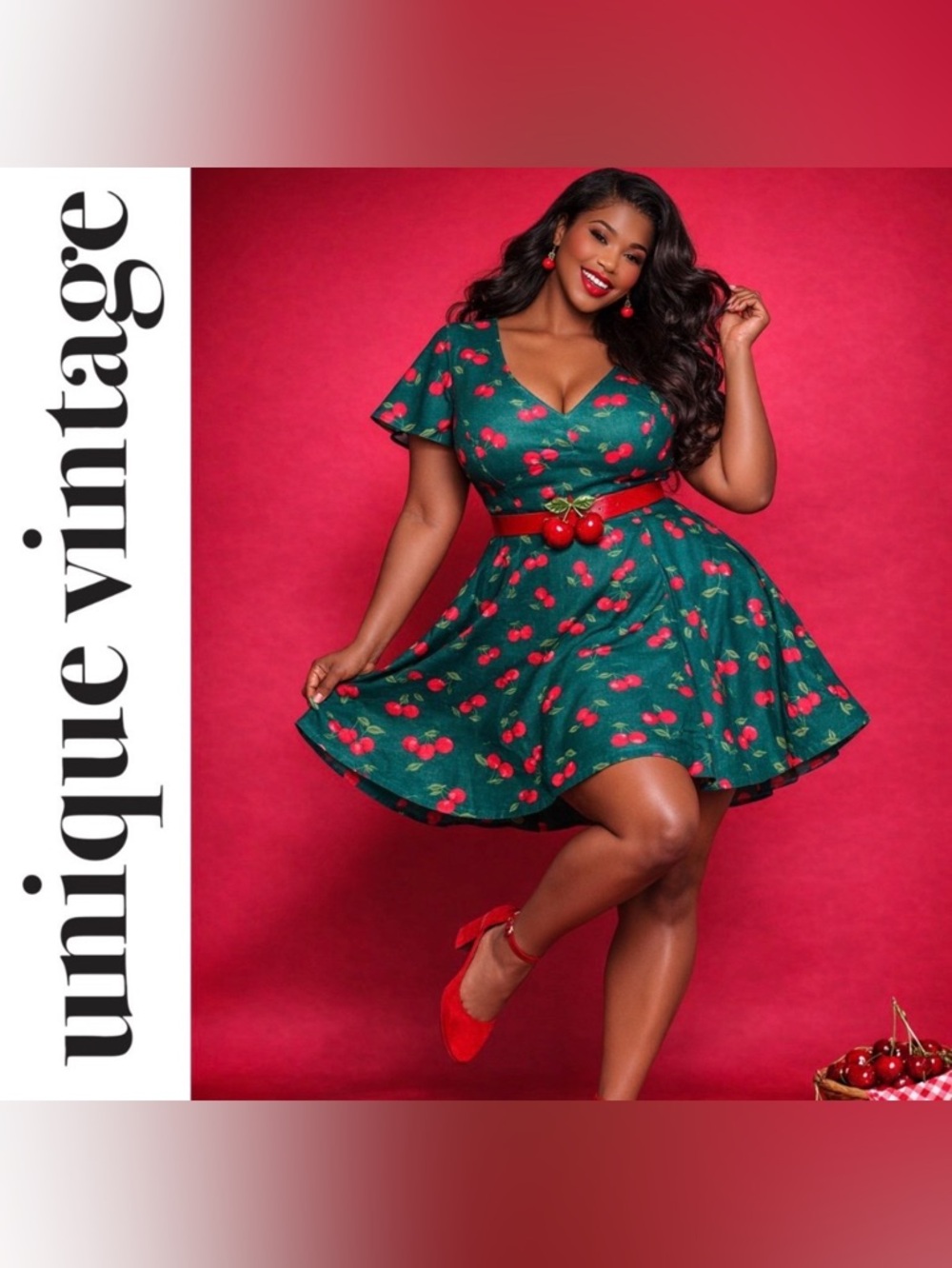 Unique Vintage ‘50s Emerald Green & Cherry Print Poppy Flare Mini Dress, XL, NWT